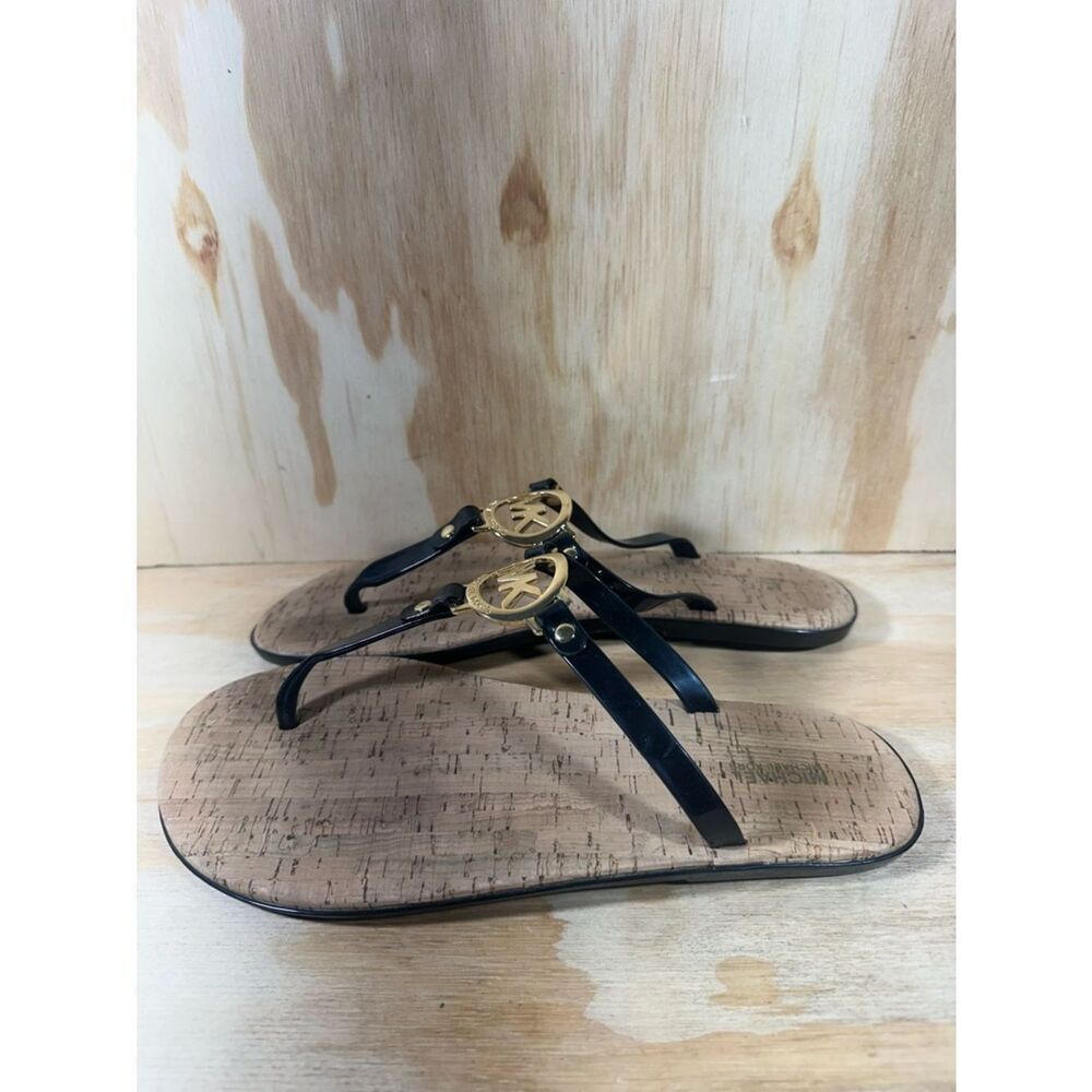 Michael Kors Black Strappy Thong Sandals with Gold MK Medallion Women’s Size 11